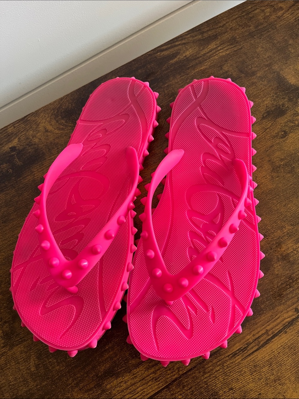 Christian Louboutin Neon Pink and Red Studded Flip Flops Size 38 - Picture 10 of 14
